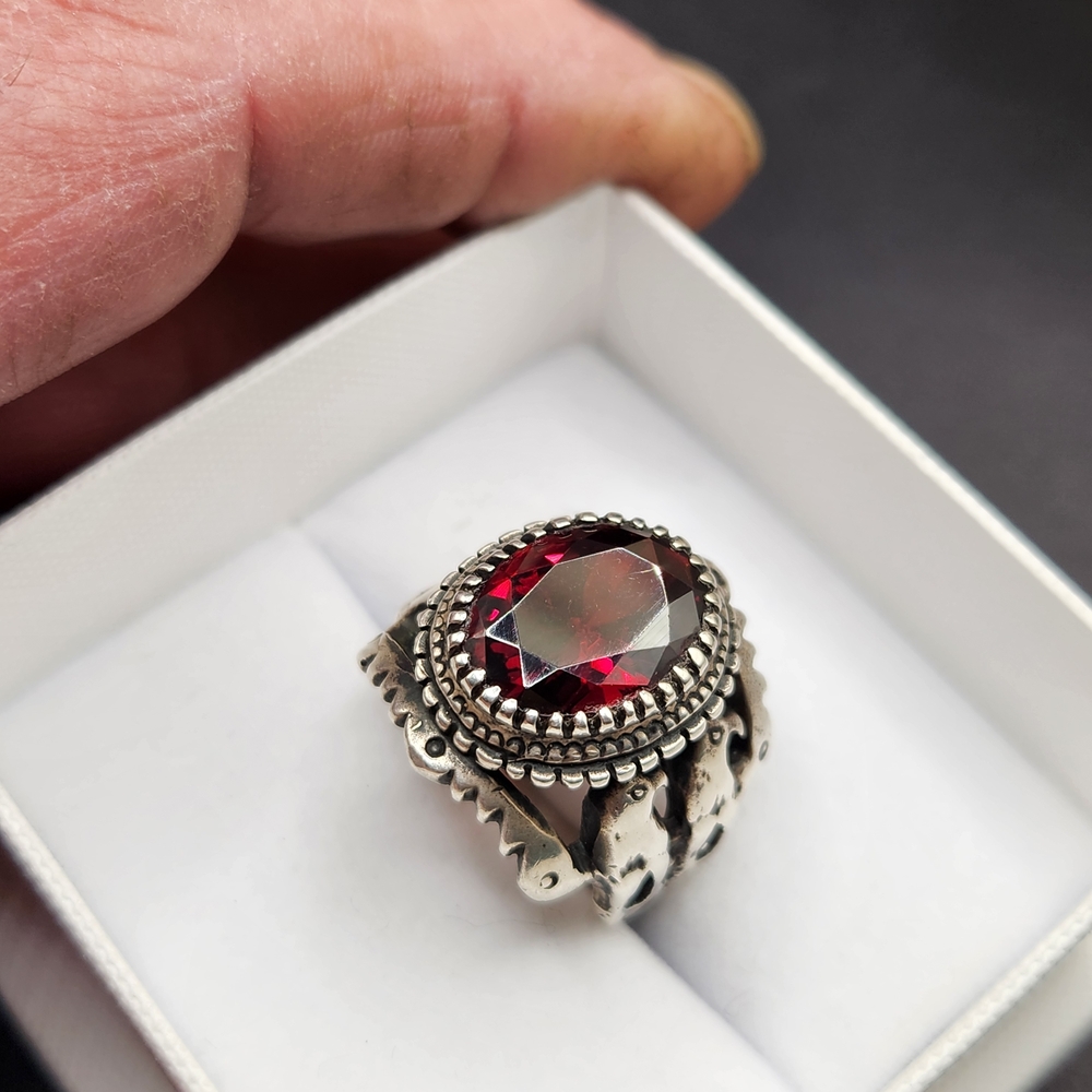 Mens Native American-Vintage-Hand Made Thunderbird Hessonite Garnet Ring